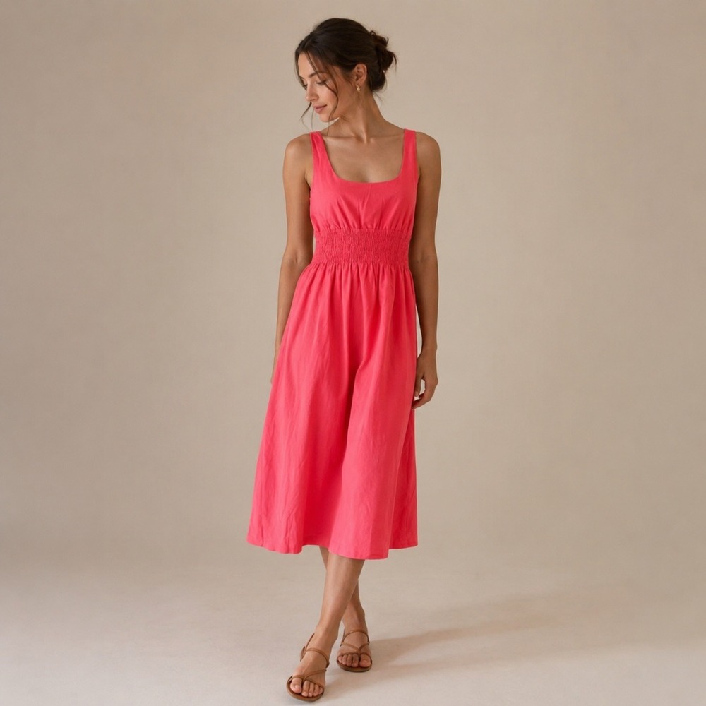 Tuckernuck Pomander Place Smocked Midi Dress Cotton Pink NWOT XS‎ Wedding Guest